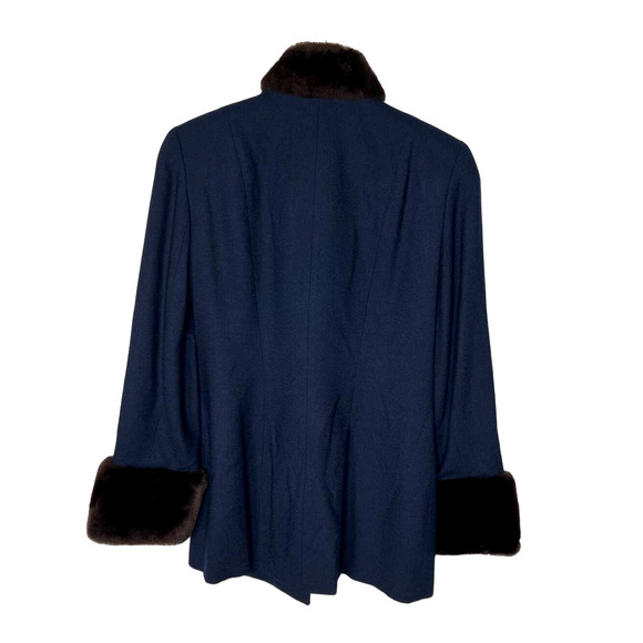 Neiman Marcus 6 LUXURY 100% Wool Coat $790 Faux Fur Trim Gold Buttons Navy Blue - Picture 4 of 9